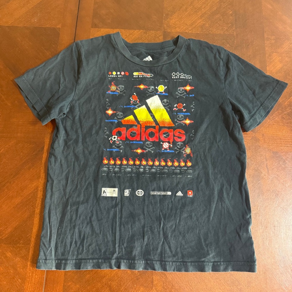 Adidas Kids Graphic T Shirt‎ Short Sleeve Black Retro Gaming Print Size S 8